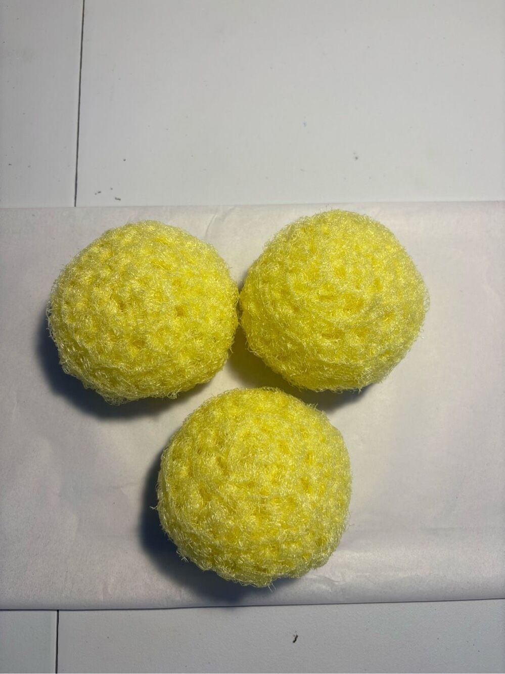 3 Handmade crocheted dish scrubbies made with premium nylon netting (yellow)
